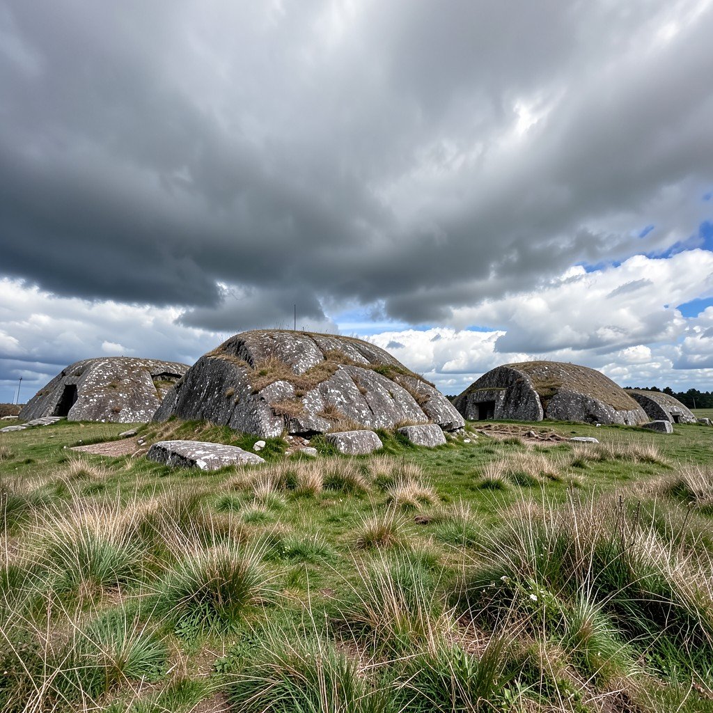 Massive ancient Viking burial mounds in Hovgarden, Adelso island, Sweden, set against a dramatic cloudy sky, wild grass surrounding the historic site, no visible text, 4:3