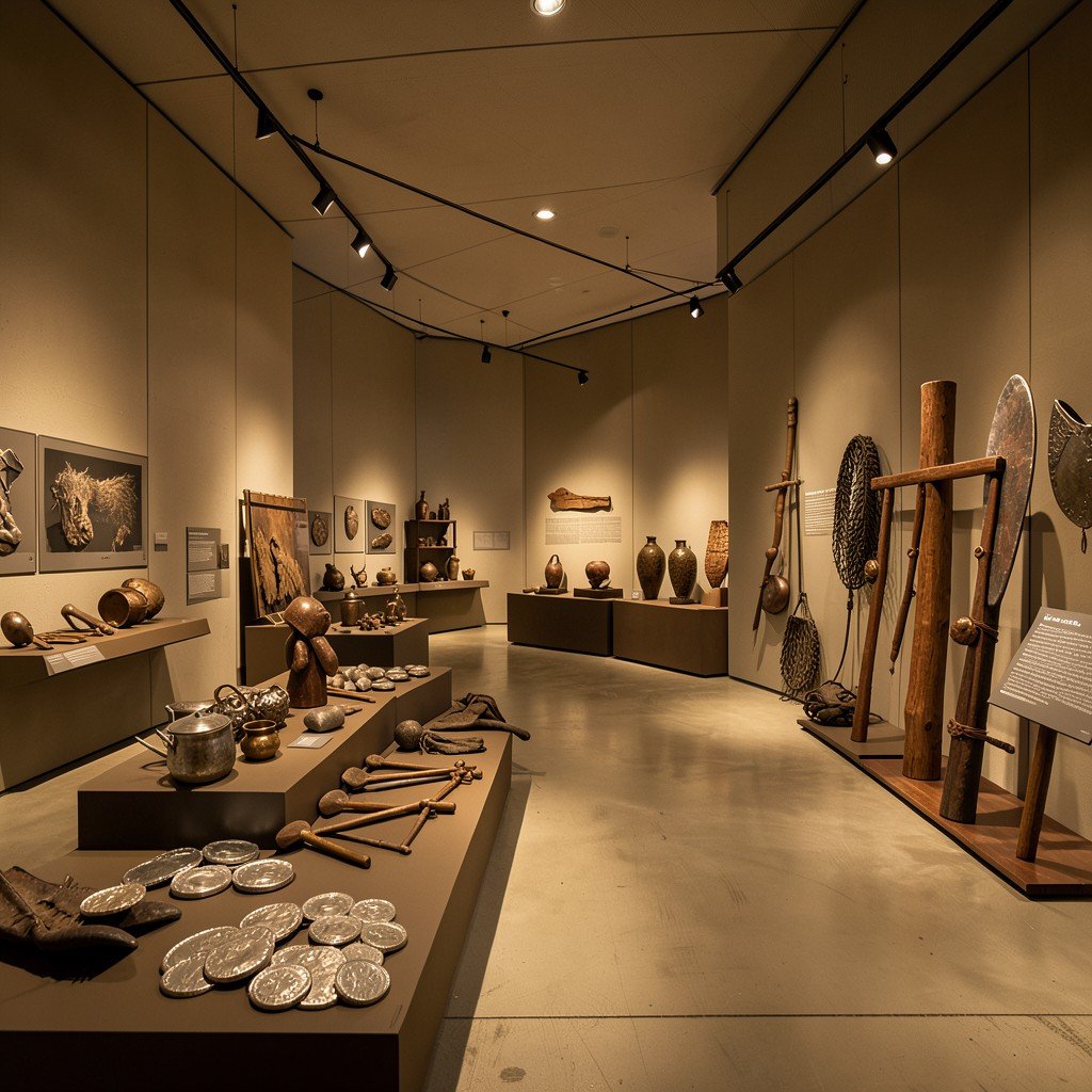 Interior of a modern Nordic archaeological museum showcasing Viking age artifacts like silver coins and tools, warm ambient lighting, historical and educational atmosphere, no visible text, 1:1