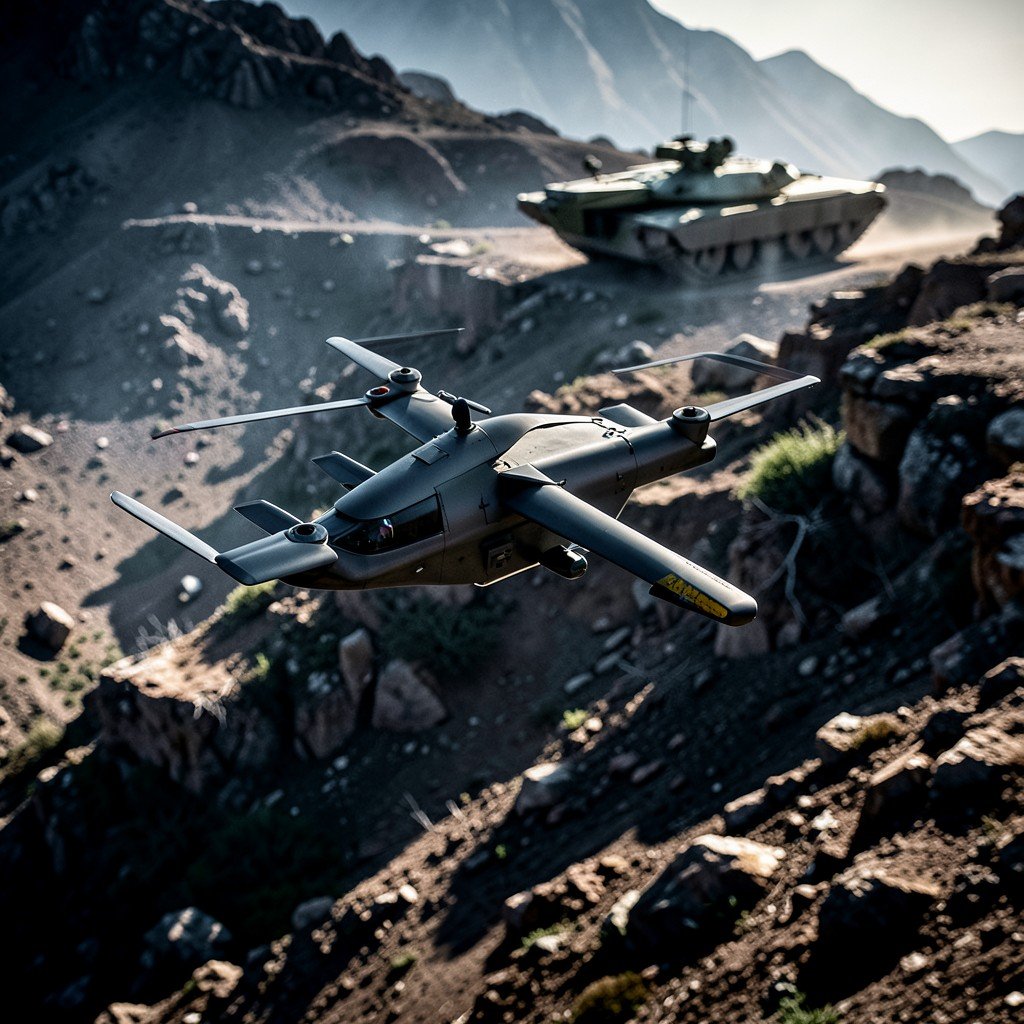 A modern military drone flying over a rugged terrain with a blurred tank in the background, cinematic lighting, high contrast, no text, aspect ratio 16:9