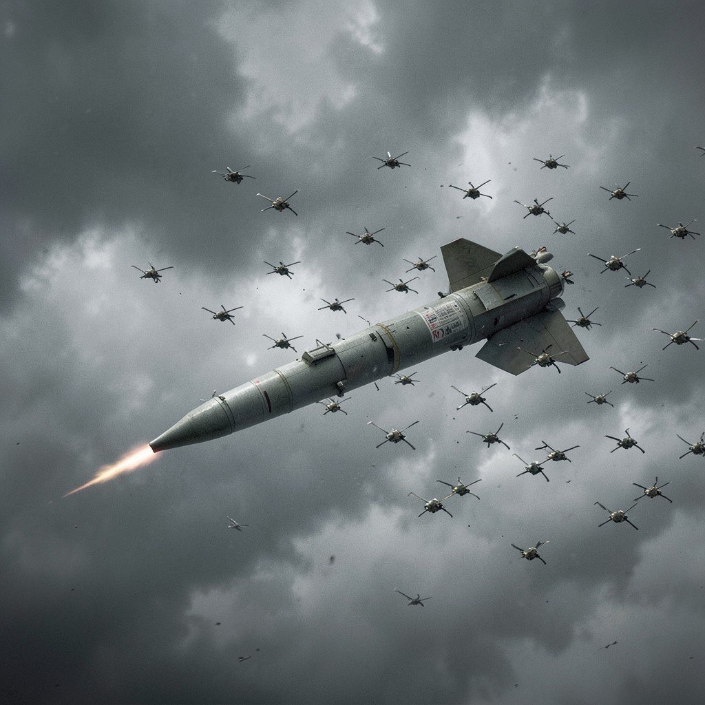 A high tech missile flying alongside a swarm of small reconnaissance drones in a cloudy sky, realistic military concept, textured background, no text, aspect ratio 16:9
