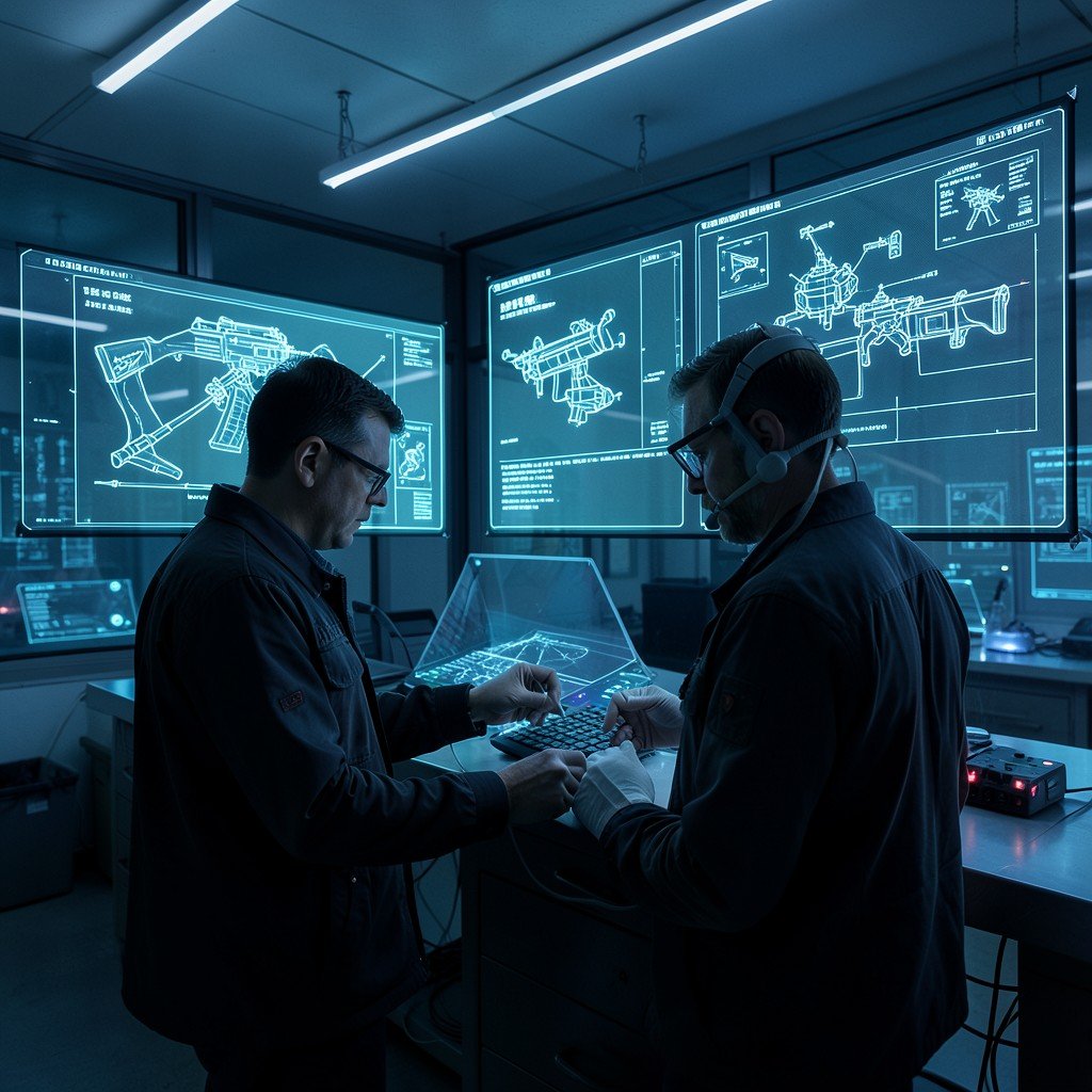 Engineers analyzing digital weapon design blueprints on multiple holographic screens in a dimly lit modern lab, futuristic aesthetic, no text, aspect ratio 16:9
