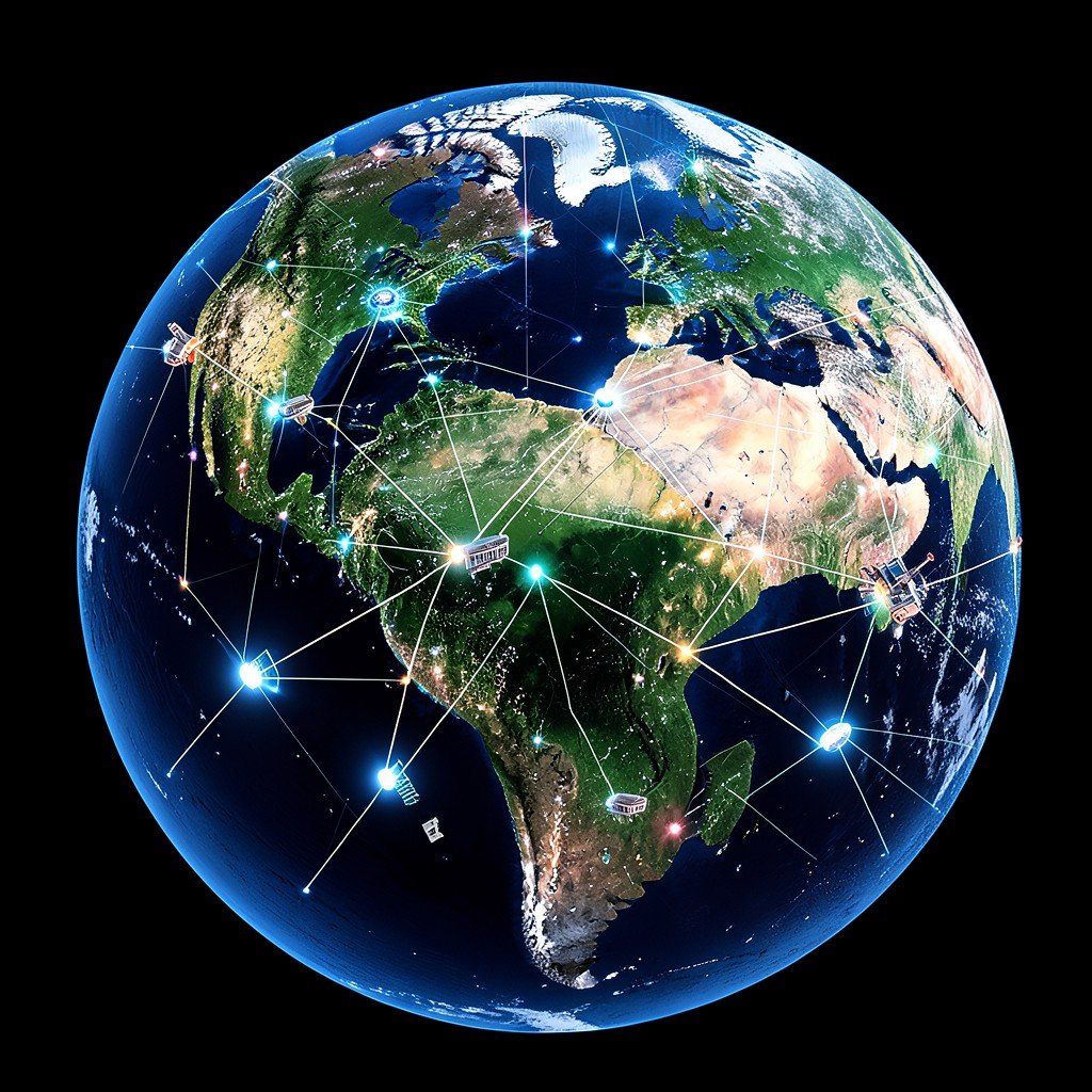 A digital globe with glowing network lines connecting various military tech nodes, modern infographic style, high contrast, no text, aspect ratio 1:1