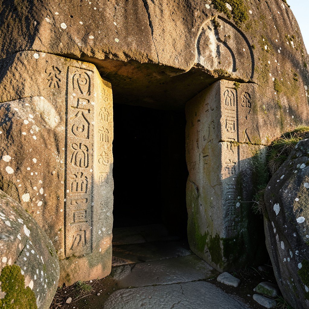 Close up of the entrance to the Newgrange passage tomb in Ireland showing detailed neolithic stone carvings and large boulders under soft morning lighting NO KOREAN Text 1:1