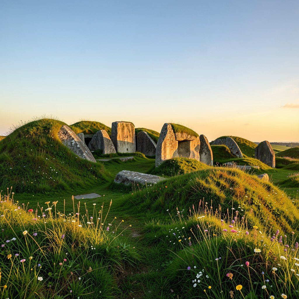 Wide shot of the Knowth megalithic site in Ireland featuring lush green grassy mounds surrounded by wildflowers under warm late afternoon sunlight NO KOREAN Text 1:1