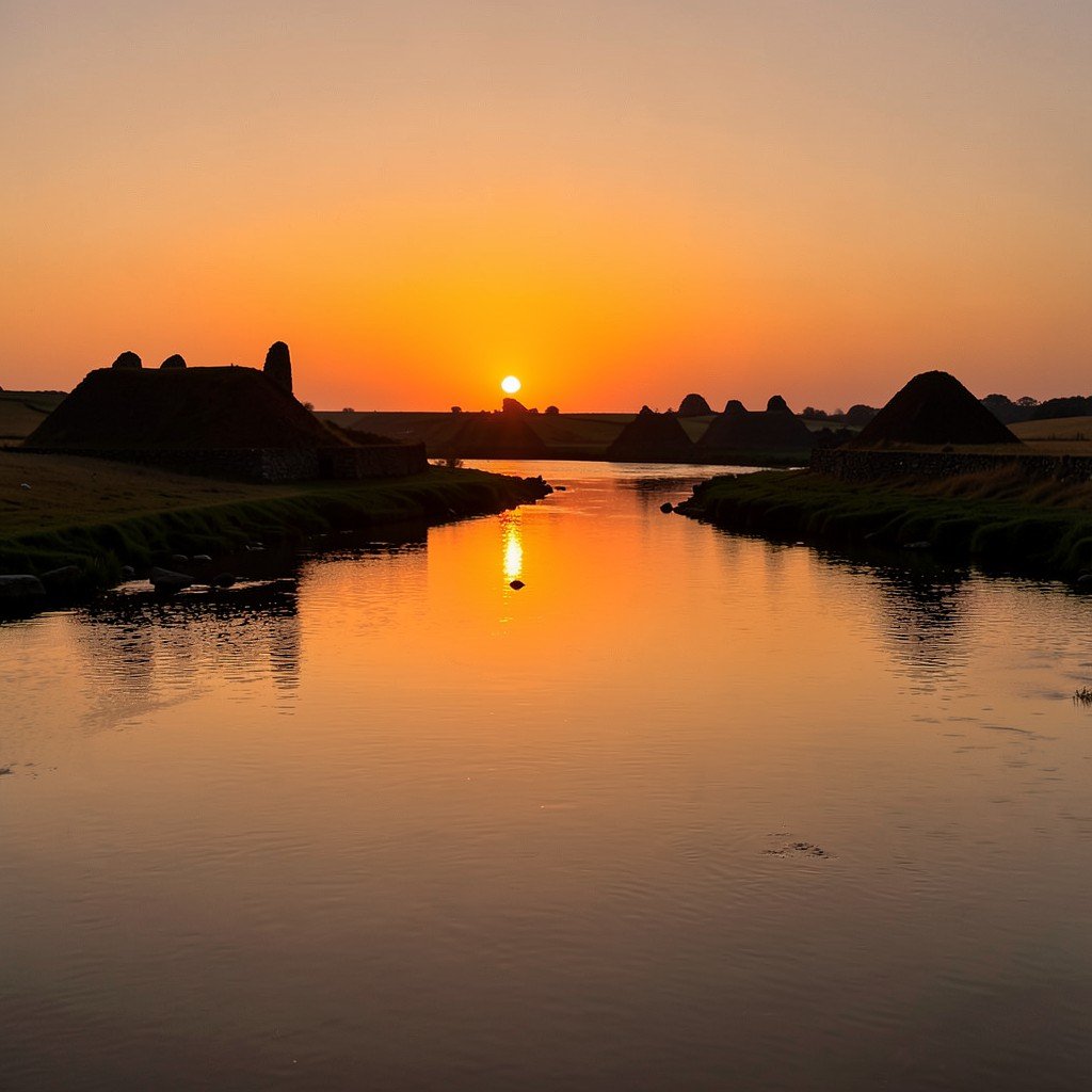 A serene evening sunset over the Bend of the Boyne river in Ireland with silhouettes of ancient burial mounds against a warm orange sky reflecting on the calm water NO KOREAN Text 1:1