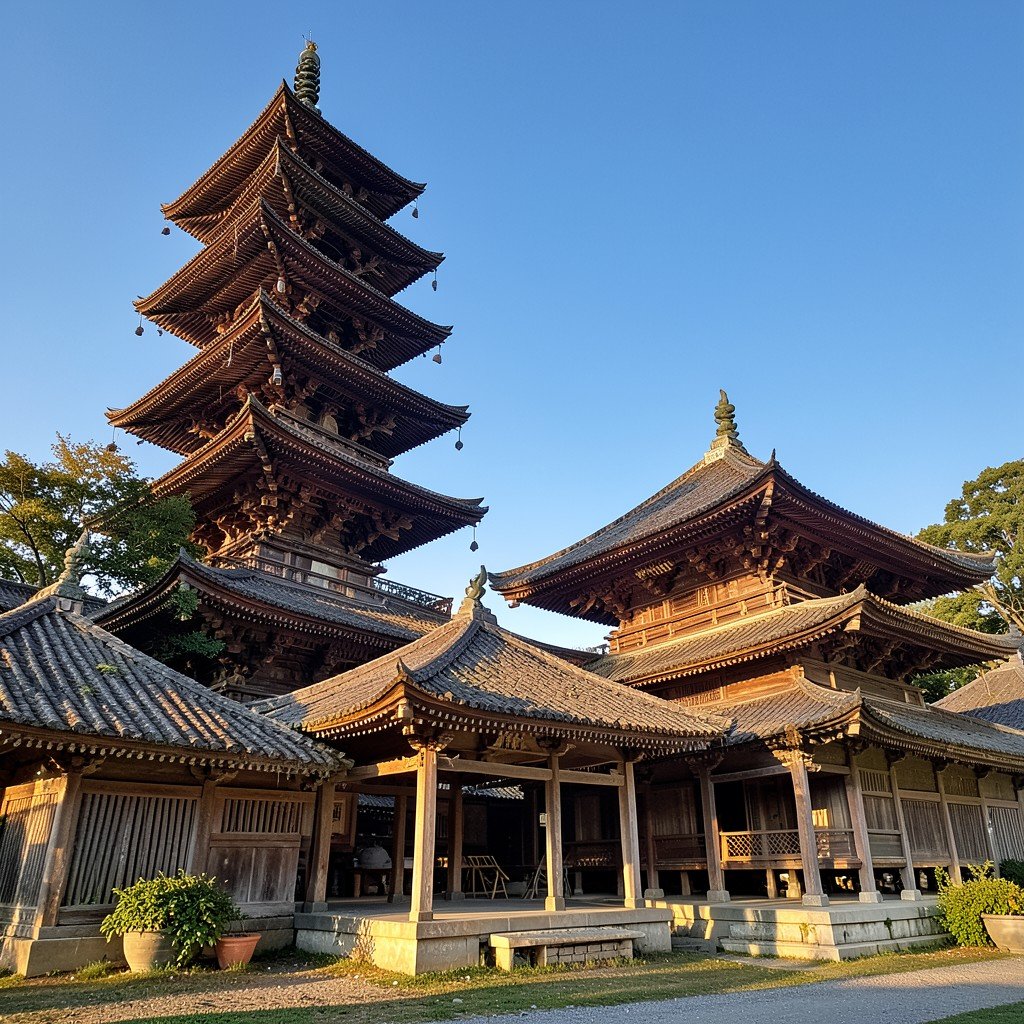 A serene view of ancient wooden Buddhist temple complex with five-story pagoda and main hall under clear blue sky, warm morning sunlight, detailed architectural textures, no text, aspect ratio 1:1