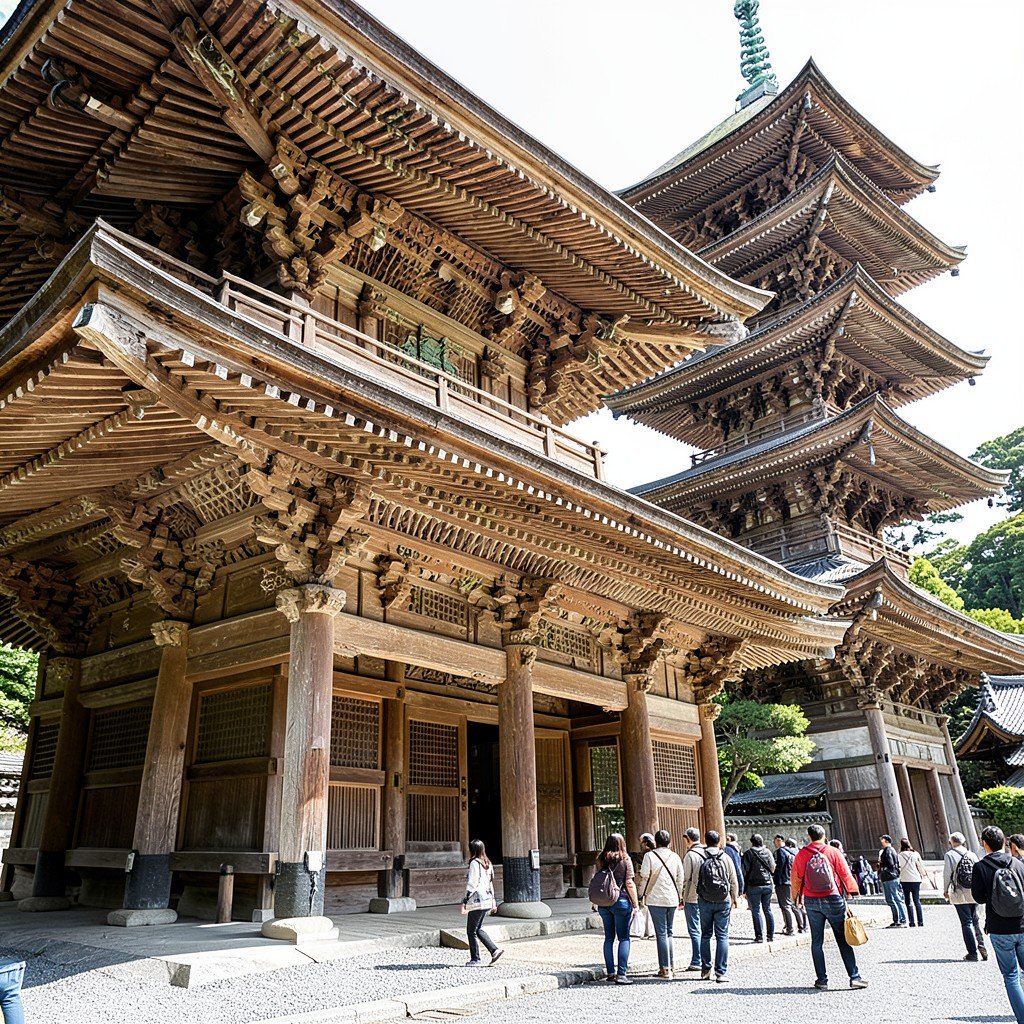 Buddhist main hall Kondo and five-story pagoda at Horyuji temple, ancient wooden architecture, detailed bracket system, tourists viewing the historic site, natural daylight, no text, aspect ratio 4:3