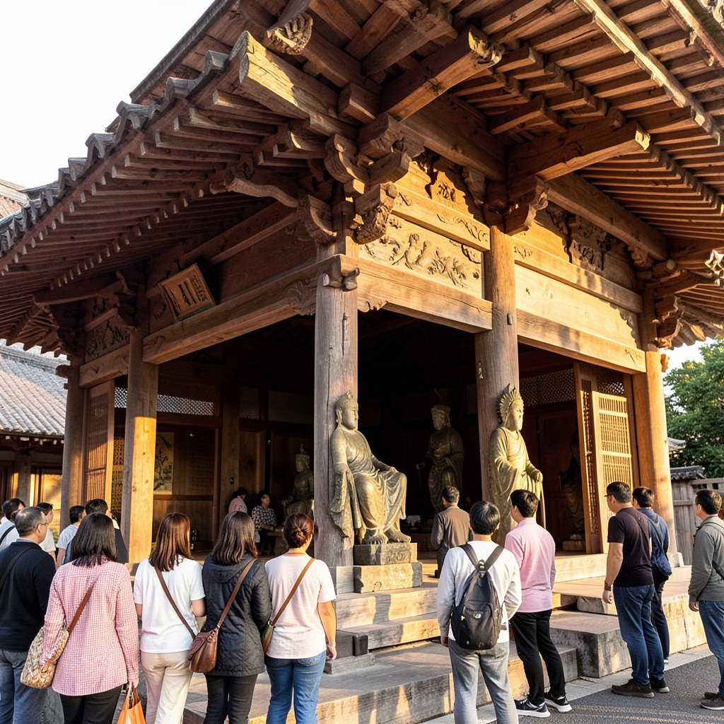 Exterior of the Great Treasure Hall at Horyuji temple, traditional Japanese wooden architecture, visitors looking at ancient Buddhist statues inside, warm afternoon lighting, no text, aspect ratio 1:1