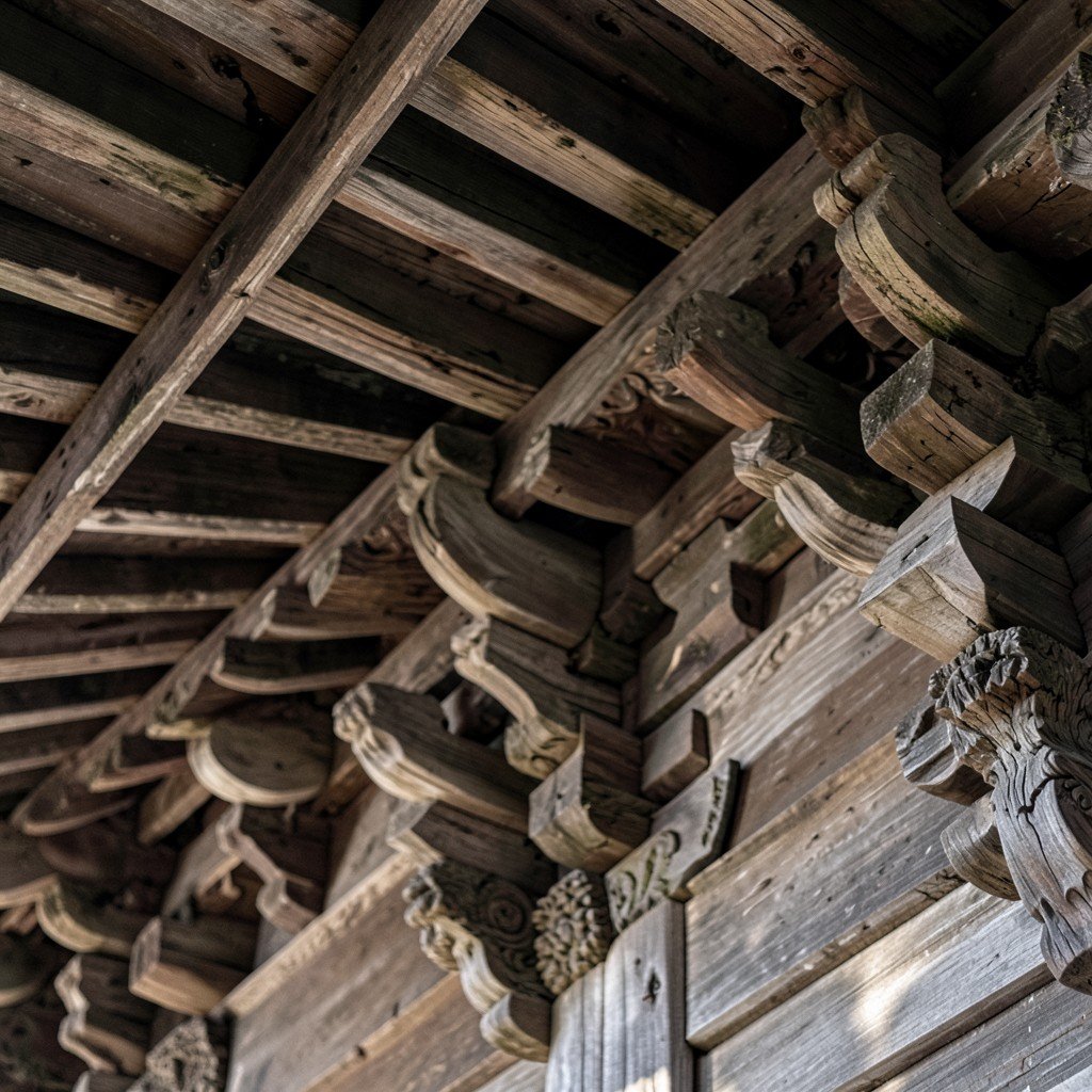 Close-up of deep eaves and intricate wooden brackets of ancient Buddhist temple Horyuji, sunlight casting soft shadows on aged wood, detailed texture, no text, aspect ratio 4:3