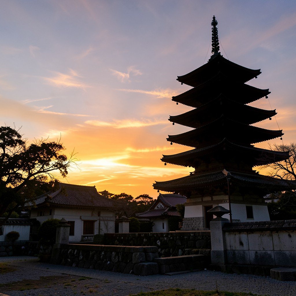 Beautiful sunset sky over the ancient Horyuji temple complex, peaceful atmosphere, silhouette of the five-story pagoda, serene historical site, no text, aspect ratio 1:1