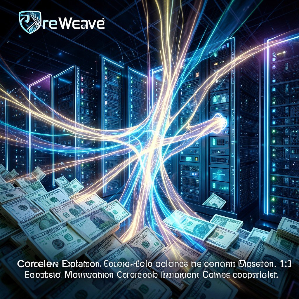 Abstract representation of billions of dollars flowing into a glowing server infrastructure futuristic digital finance CoreWeave expansion 1:1