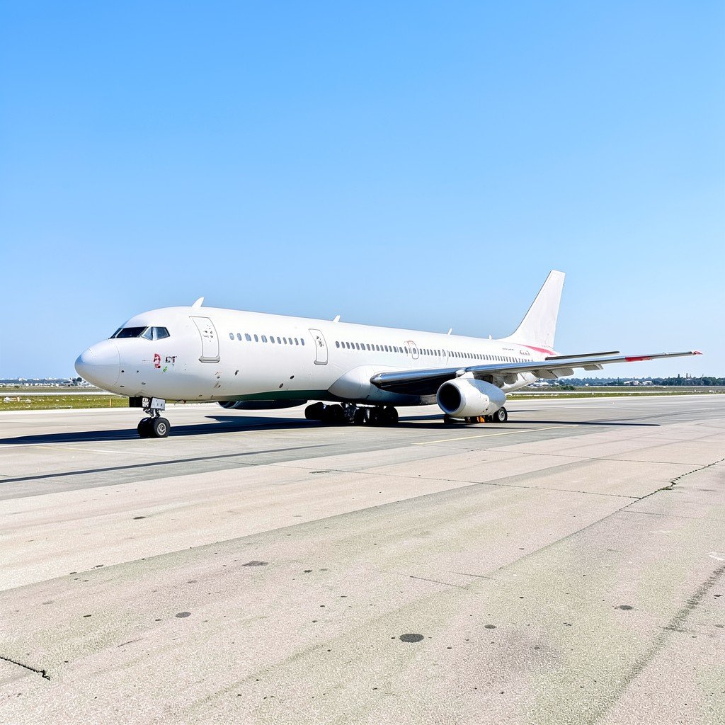 An empty airport runway with a grounded passenger plane during daytime, clear sky, high contrast, no Korean text, aspect ratio 1:1