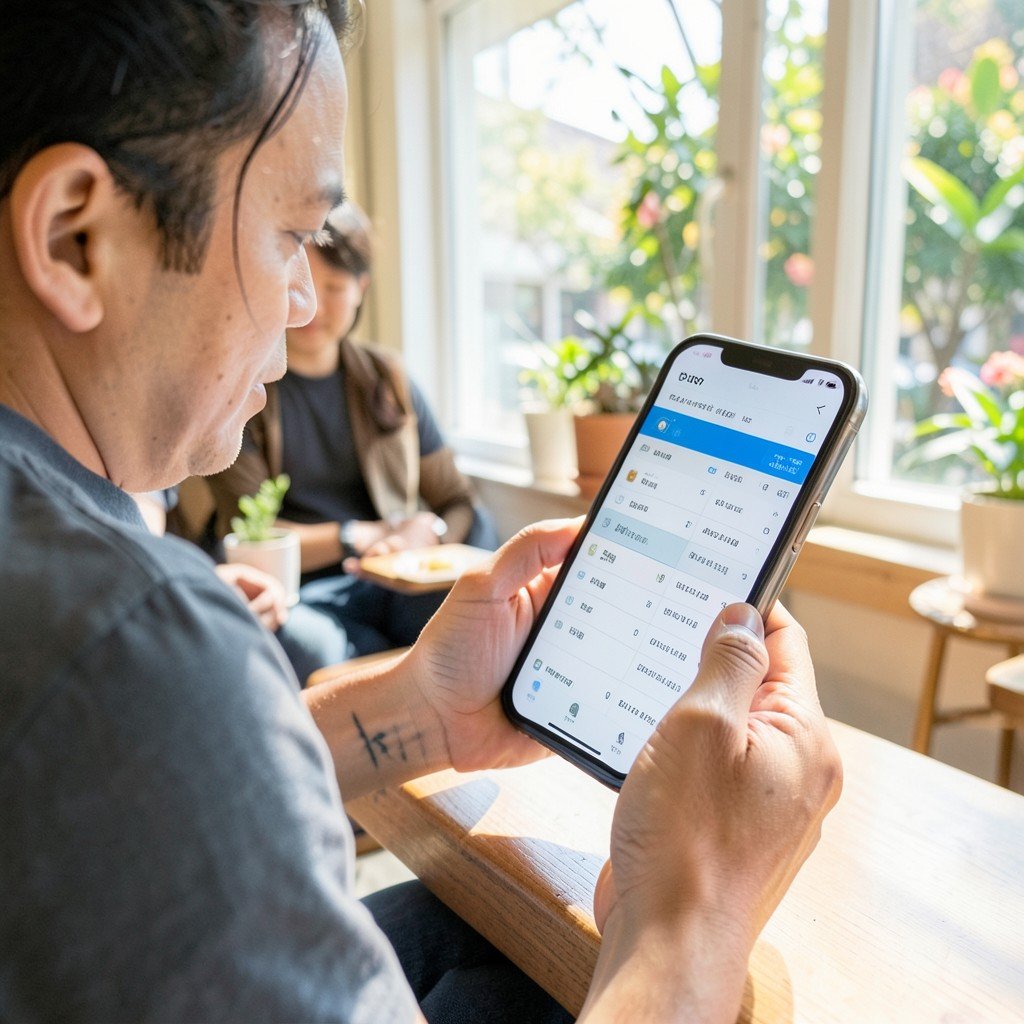A traveler looking at a flight schedule on a smartphone in a bright cafe, lifestyle photography, natural setting, no Korean text, aspect ratio 1:1
