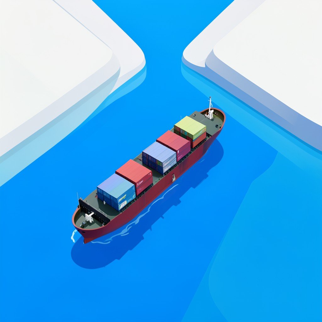 A cargo ship navigating through a narrow strait with clear blue waters, clean infographic style, modern layout, no Korean text, aspect ratio 4:3