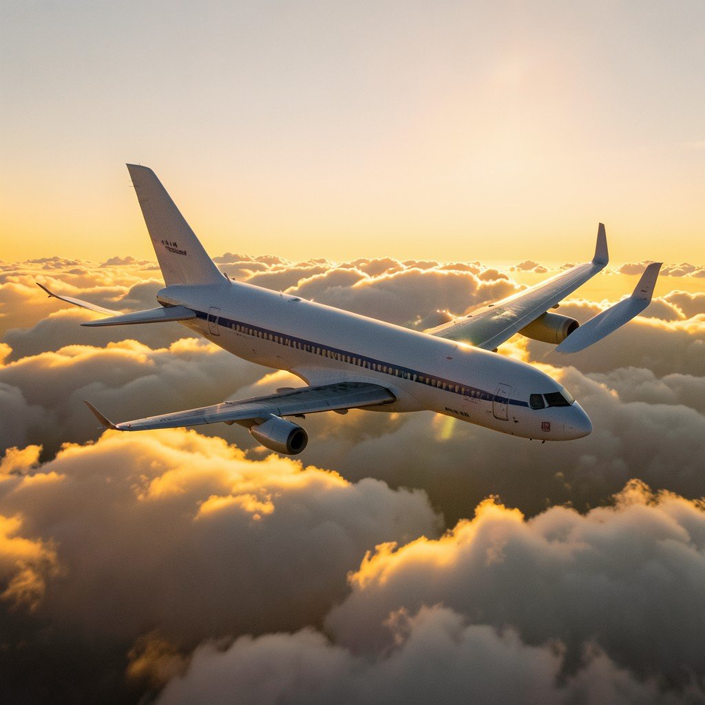 A passenger plane flying high above the clouds in golden hour sunlight, informational style, no Korean text, aspect ratio 4:3