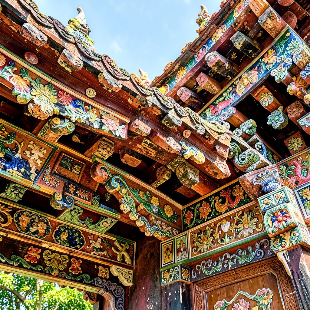 Close up of intricate roof details and ceramic mosaic decorations on traditional Vietnamese architecture inside the Complex of Hue Monuments Vietnam bright natural lighting textured background rich colors aspect ratio 1:1