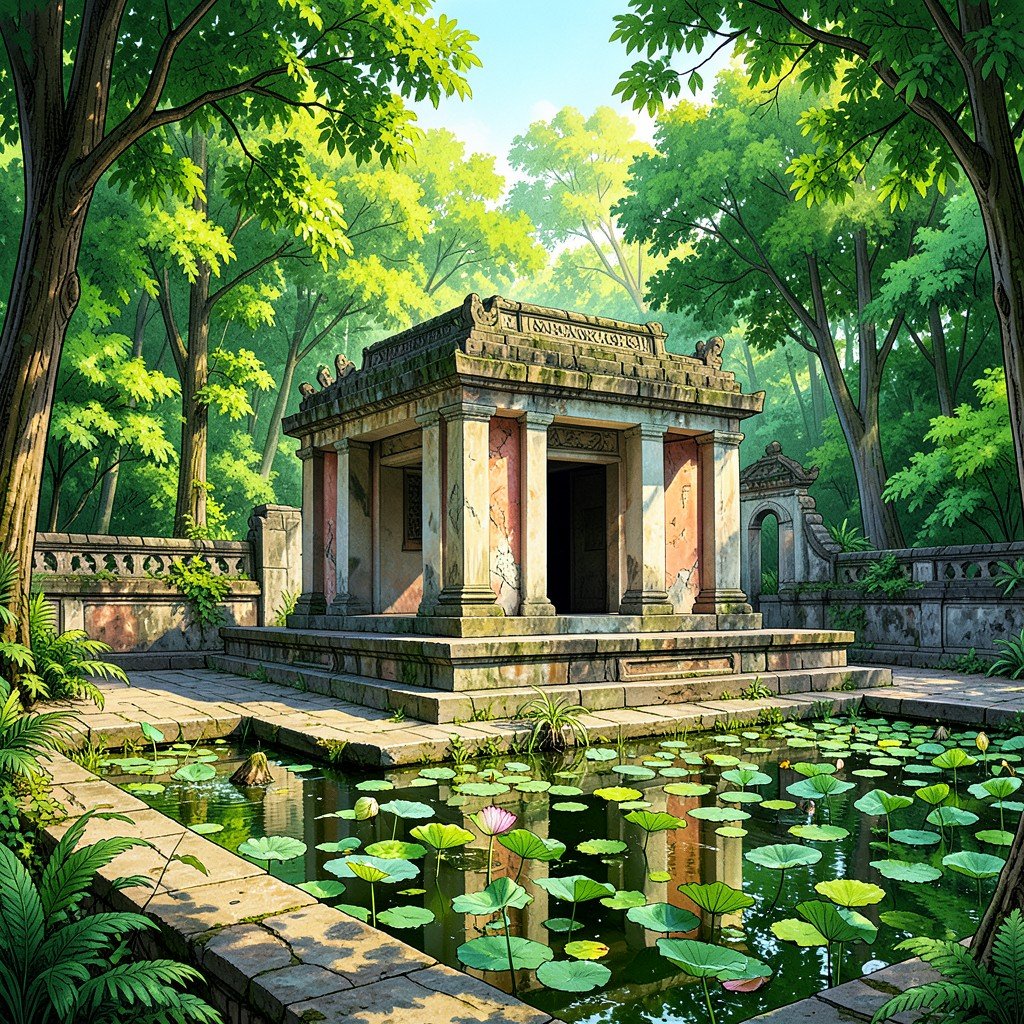 Serene stone courtyard and lotus pond of Minh Mang Tomb in the Complex of Hue Monuments Vietnam surrounded by lush green forest bright balanced natural lighting historical illustration style highly detailed textured background aspect ratio 1:1