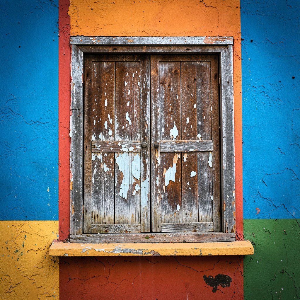 Weathered old wooden window with peeling paint on a colorful colonial wall in Coro Venezuela textured background no text 4:3