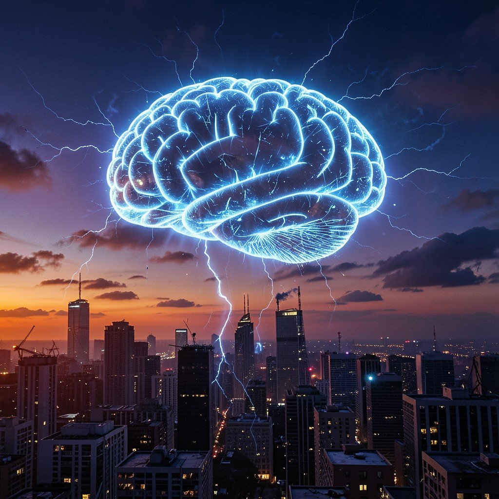 Conceptual image of a giant glowing AI brain hovering over a city skyline at dusk intense atmosphere symbolizing technological tension and societal conflict 4:3
