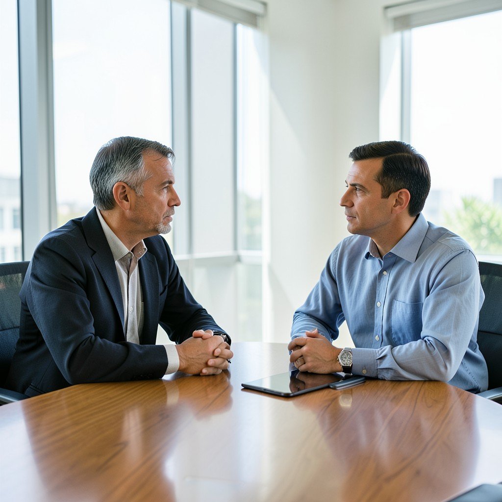 Two people engaged in a calm serious conversation at a modern boardroom table natural lighting daytime reflecting mutual respect 1:1