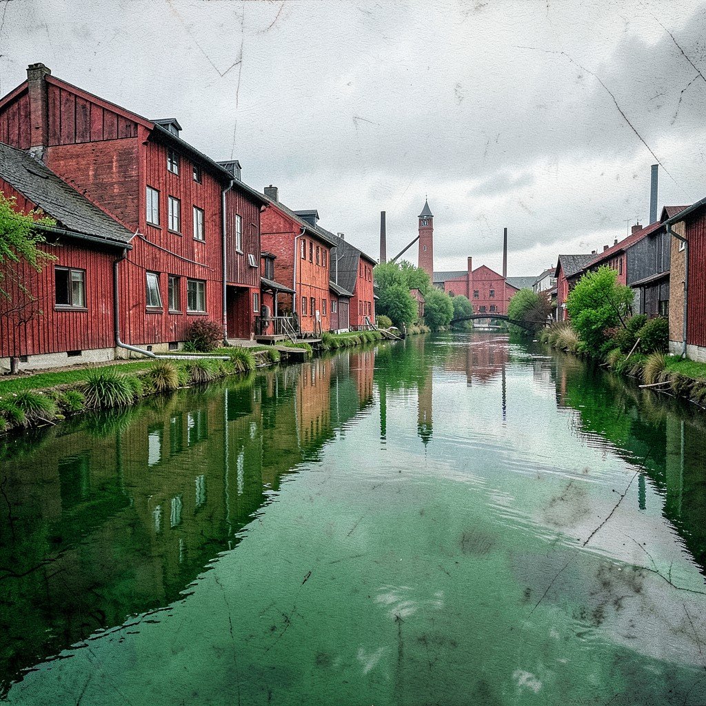 A calm canal flowing past the red wooden buildings of Engelsberg Ironworks on a cloudy day, green reflections in the water, textured artistic background, no text, 4:3