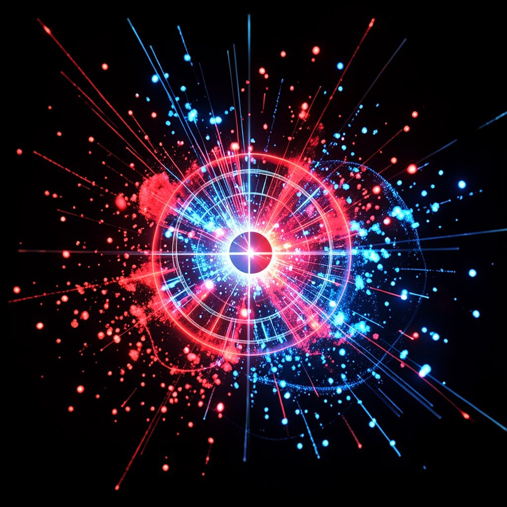 Abstract representation of cyber threats attacking a central data core with glowing red and blue particles No text 4:3