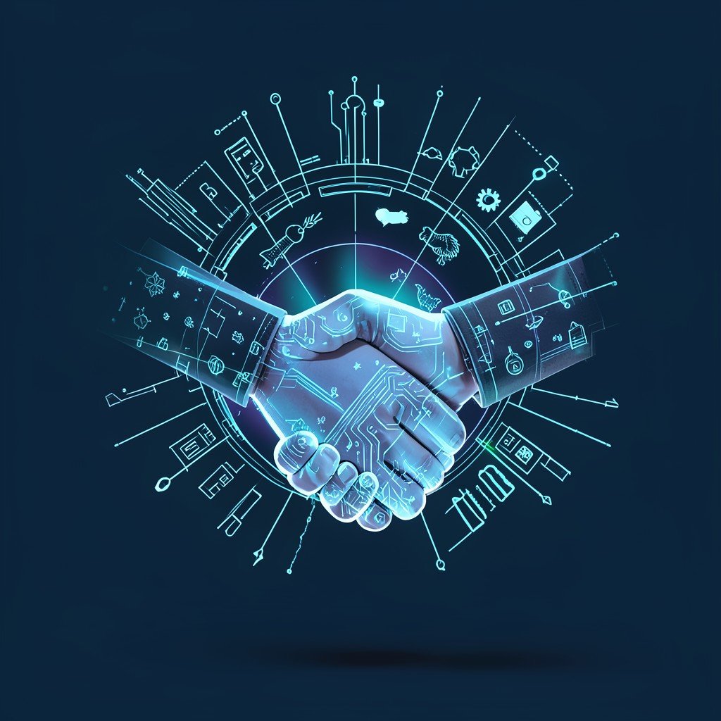 High tech handshake concept symbolizing government and corporate cybersecurity partnership No text 1:1