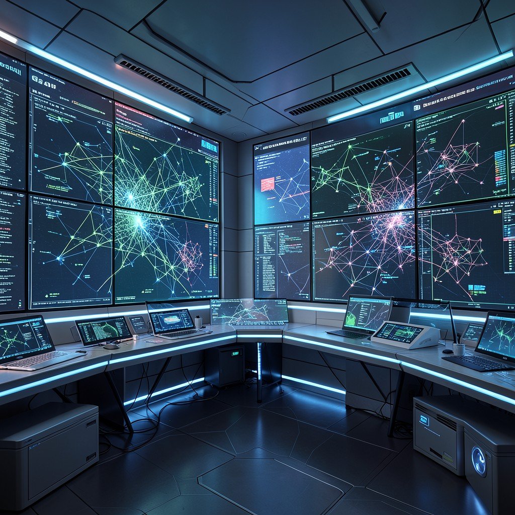 Futuristic cyber defense operations center with large screens showing abstract network maps No text 4:3