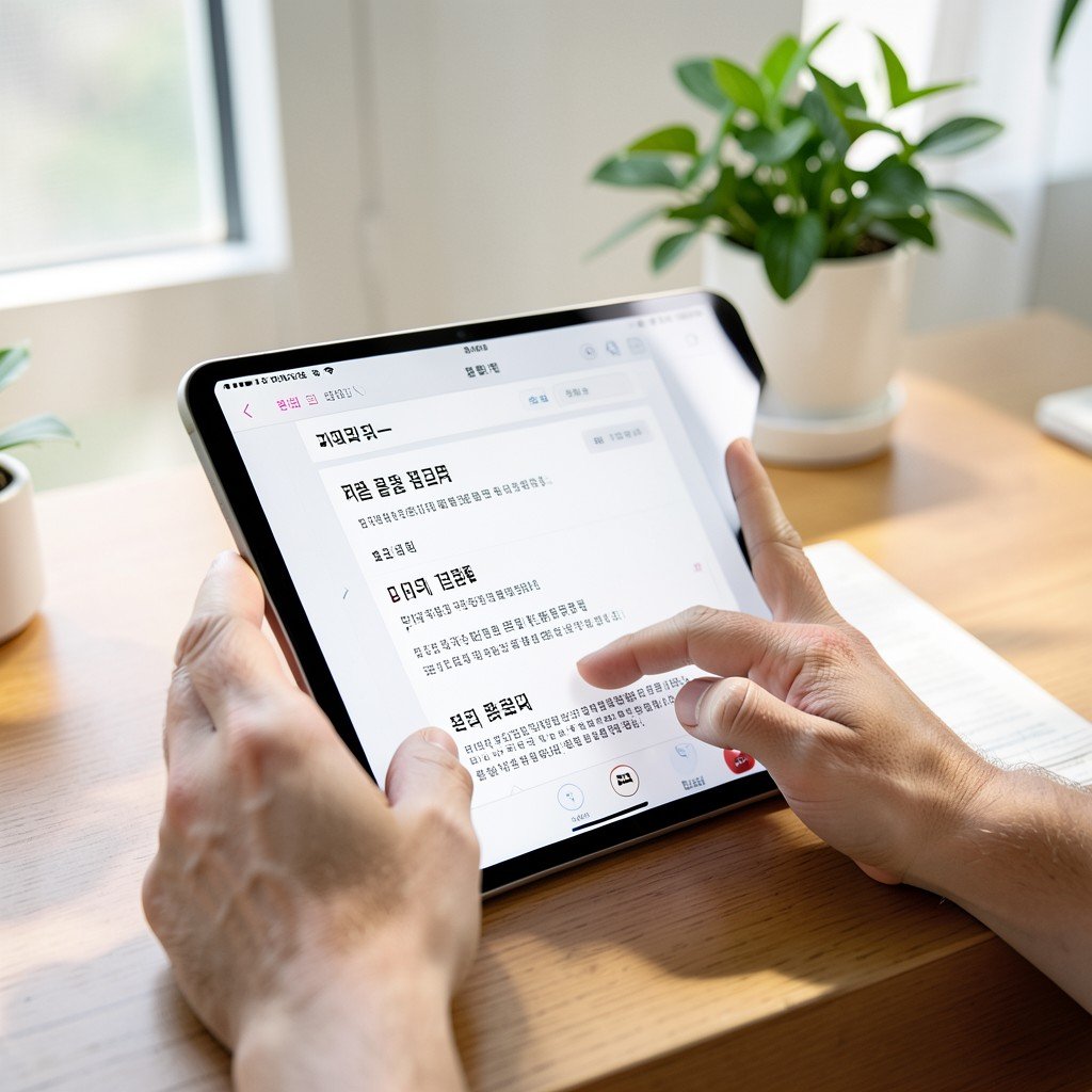 Hands updating an application on an Apple tablet, modern workspace, soft natural lighting, Korean appearance, focused on the screen, 4:3