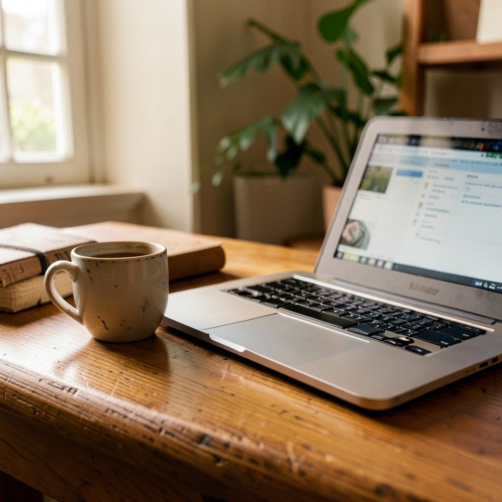 A cup of coffee next to a laptop on a wooden desk, cozy home office setting, warm lifestyle photography, no people, 1:1