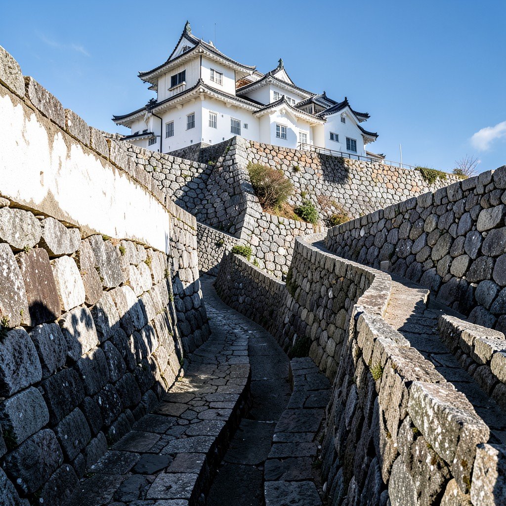 The winding stone walls and labyrinthine pathways of Himeji-jo leading up to the main keep, detailed textures of the white plaster walls, deep shadows contrasting with bright sunlight, no people, NO KOREAN Text, aspect ratio 4:3
