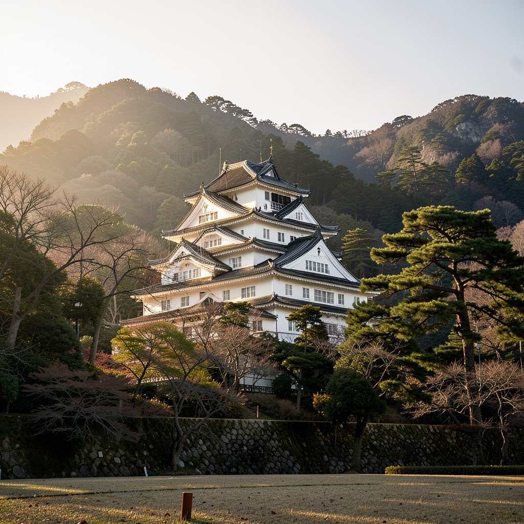 A rear view of the Himeji-jo main keep blending with the surrounding natural landscape, afternoon sunlight casting soft shadows, detailed textured background, historical preservation atmosphere, no people, NO KOREAN Text, aspect ratio 4:3