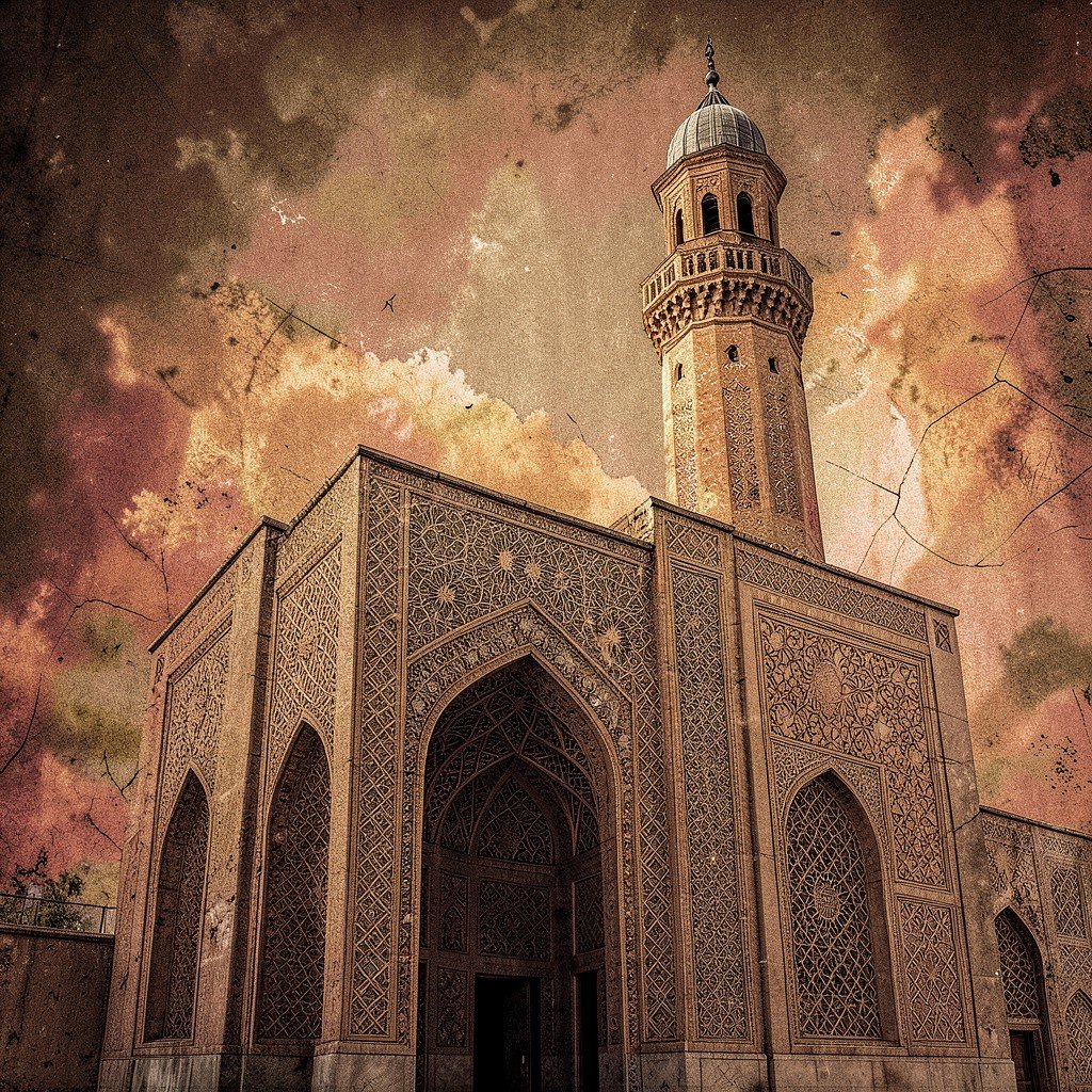 Ancient majestic facade of Kalyan Madrasah in Bukhara with intricate Islamic geometric patterns and towering minaret, rich earthy colors, deeply textured background, no empty margins, NO KOREAN Text, aspect ratio 1:1