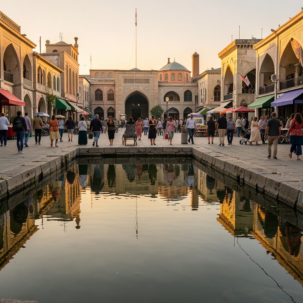Peaceful Lyab-i Hauz plaza in Bukhara with an ancient stone pond reflecting historic madrasahs during golden hour sunset, warm natural lighting, lively cultural atmosphere, no empty margins, NO KOREAN Text, aspect ratio 4:3
