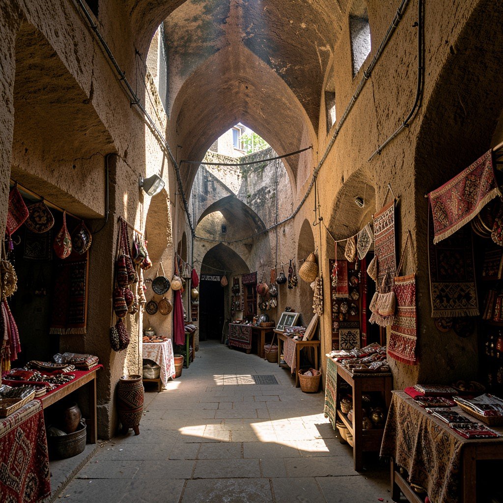 Inside a historic Bukhara trading dome bazaar with narrow passages, small artisan shops selling traditional crafts, shafts of sunlight illuminating the walkway, deeply textured background, no empty margins, NO KOREAN Text, aspect ratio 1:1