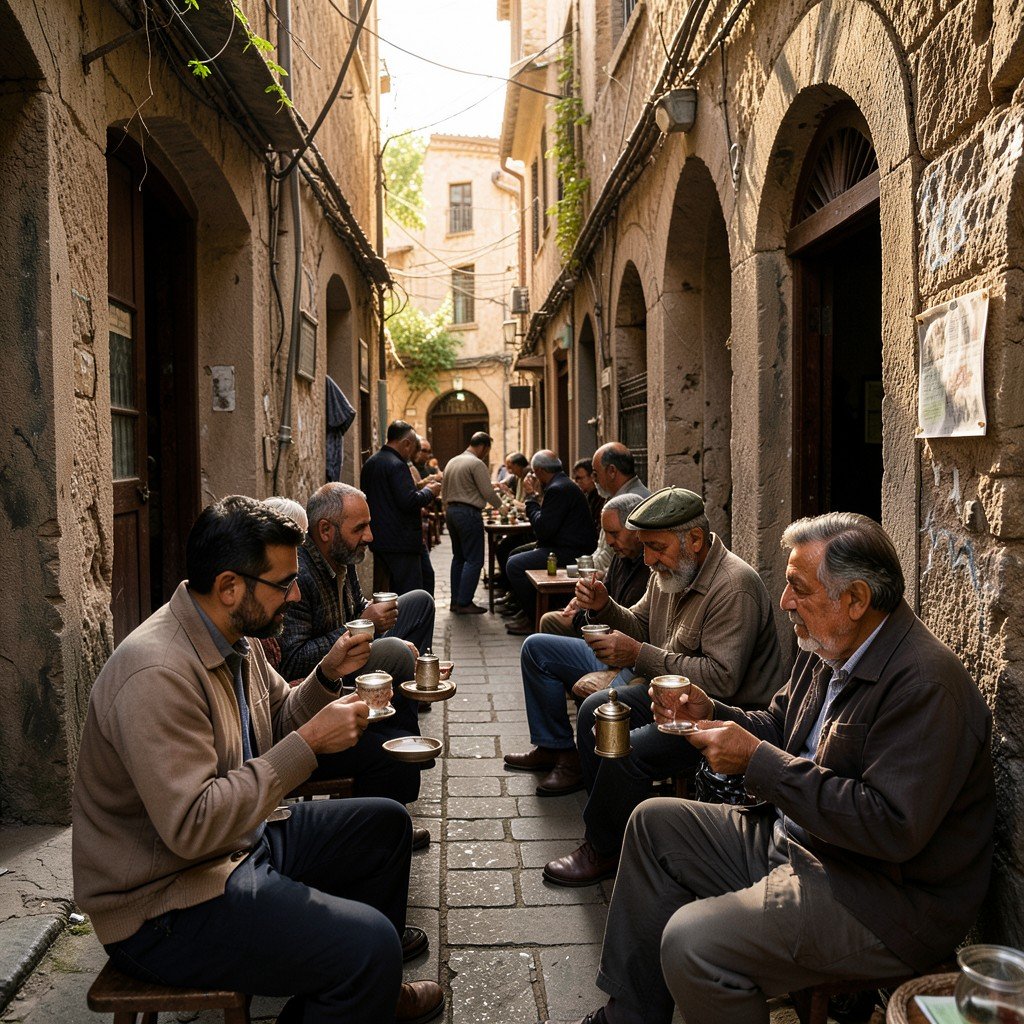 Local Uzbek people drinking traditional tea at a small old street cafe in historic Bukhara alleyway, warm natural sunlight, authentic cultural lifestyle photography, deeply textured background, no empty margins, NO KOREAN Text, aspect ratio 4:3