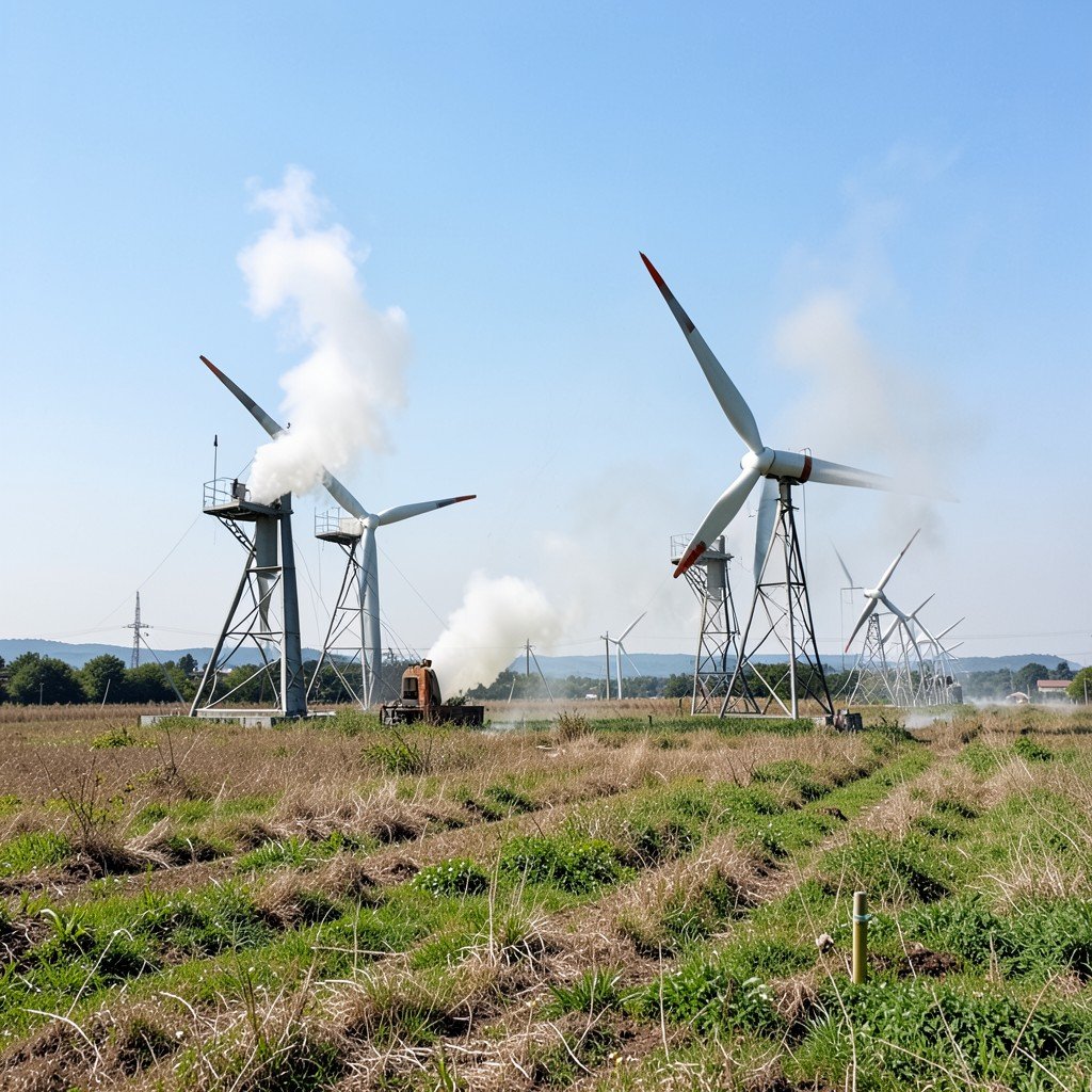 Industrial natural gas power turbines installed in a large rural field, emitting subtle steam, clear daytime sky, photorealistic, no text, no korean, 4:3