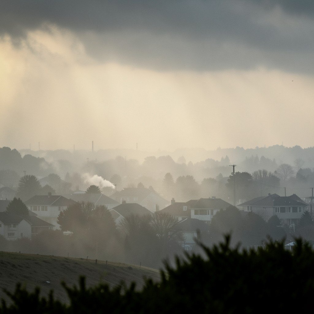 A layer of smog and air pollution hovering over a suburban town landscape, hazy atmosphere, dramatic lighting, no people, no text, no korean, 1:1