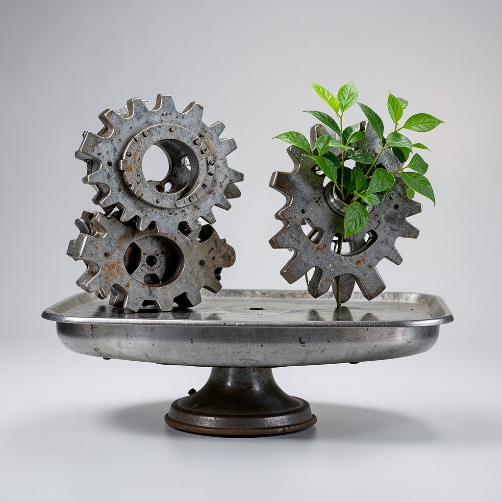Large metallic gears balancing on a scale, one side heavy industrial parts and the other green leaves, studio lighting, high detail, no text, no korean, 1:1