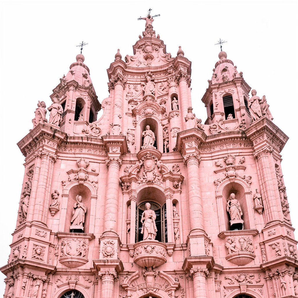 Zacatecas Cathedral baroque architecture pink sandstone facade detailed carving no text aspect ratio 1:1