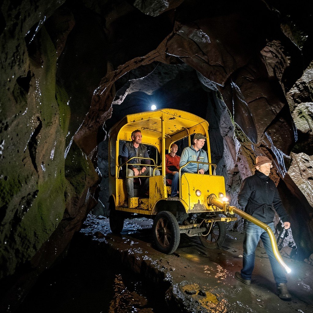 El Eden mine Zacatecas interior yellow mine cart tourists riding dark cave lighting no text aspect ratio 4:3