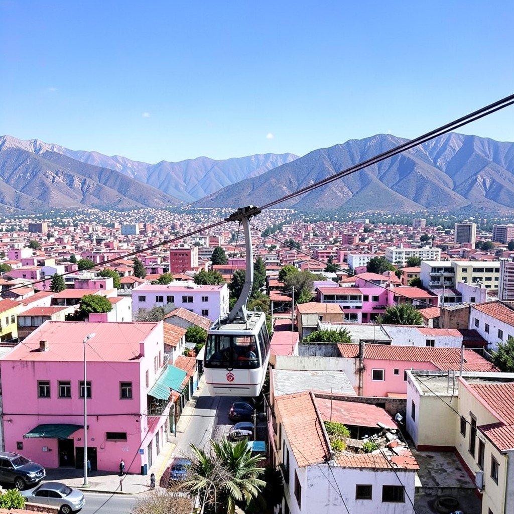 Cable car teleferico Zacatecas city view pink rooftops mountain background clear sky no text aspect ratio 1:1