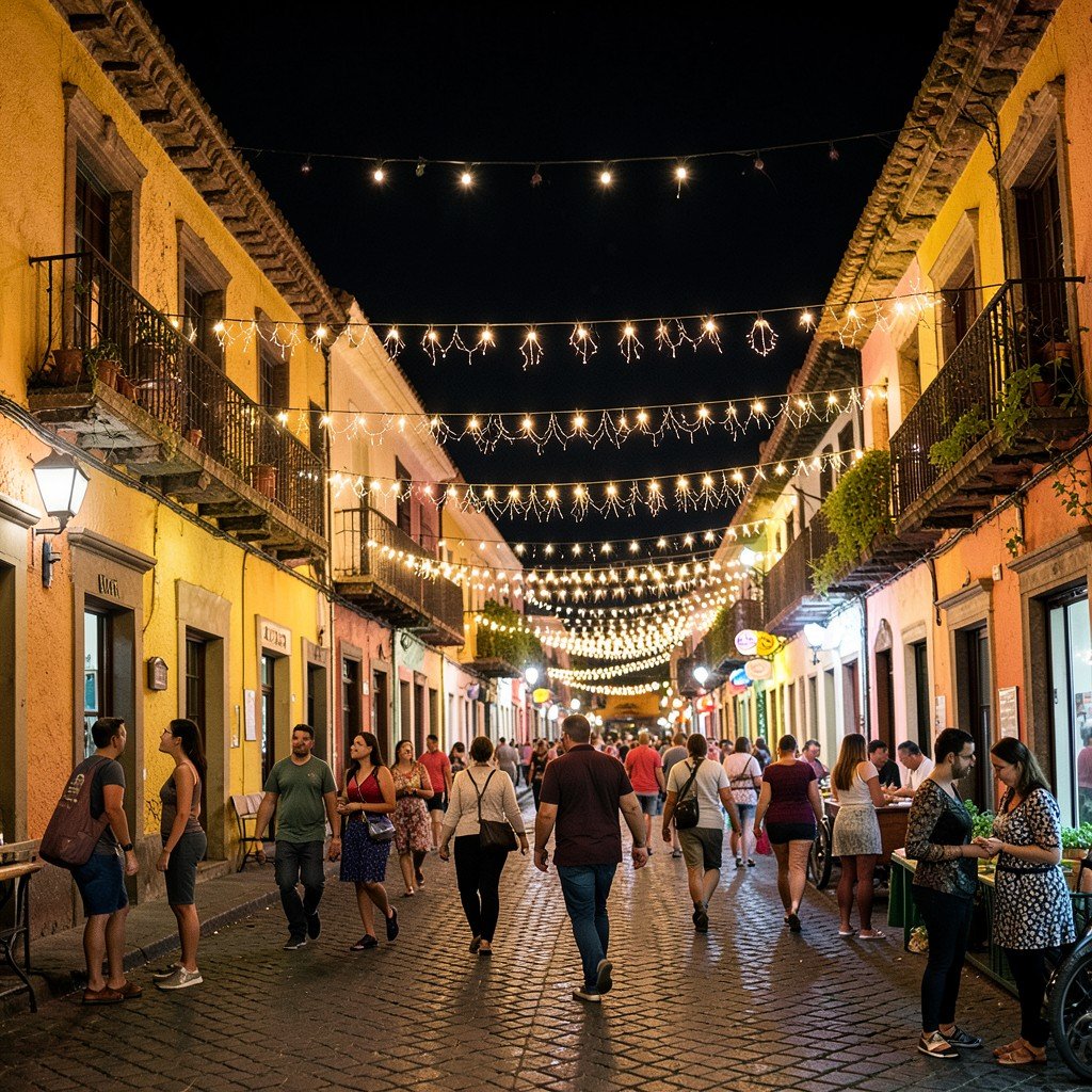 Historic street Zacatecas Mexico at night string lights lively atmosphere old buildings no text aspect ratio 4:3