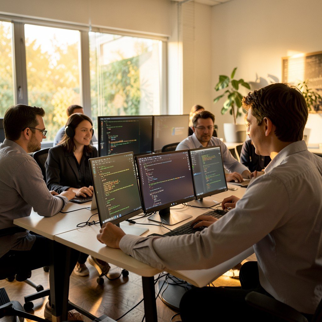 Professional developers collaborating in modern office using coding agent tools on multiple monitors warm lighting natural setting 4:3