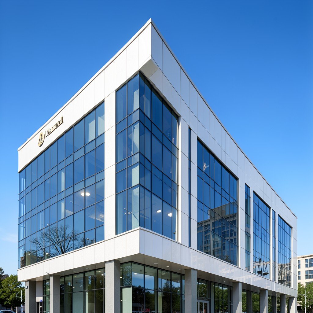 Modern corporate building exterior with subtle legal and justice elements clear blue sky professional setting 1:1