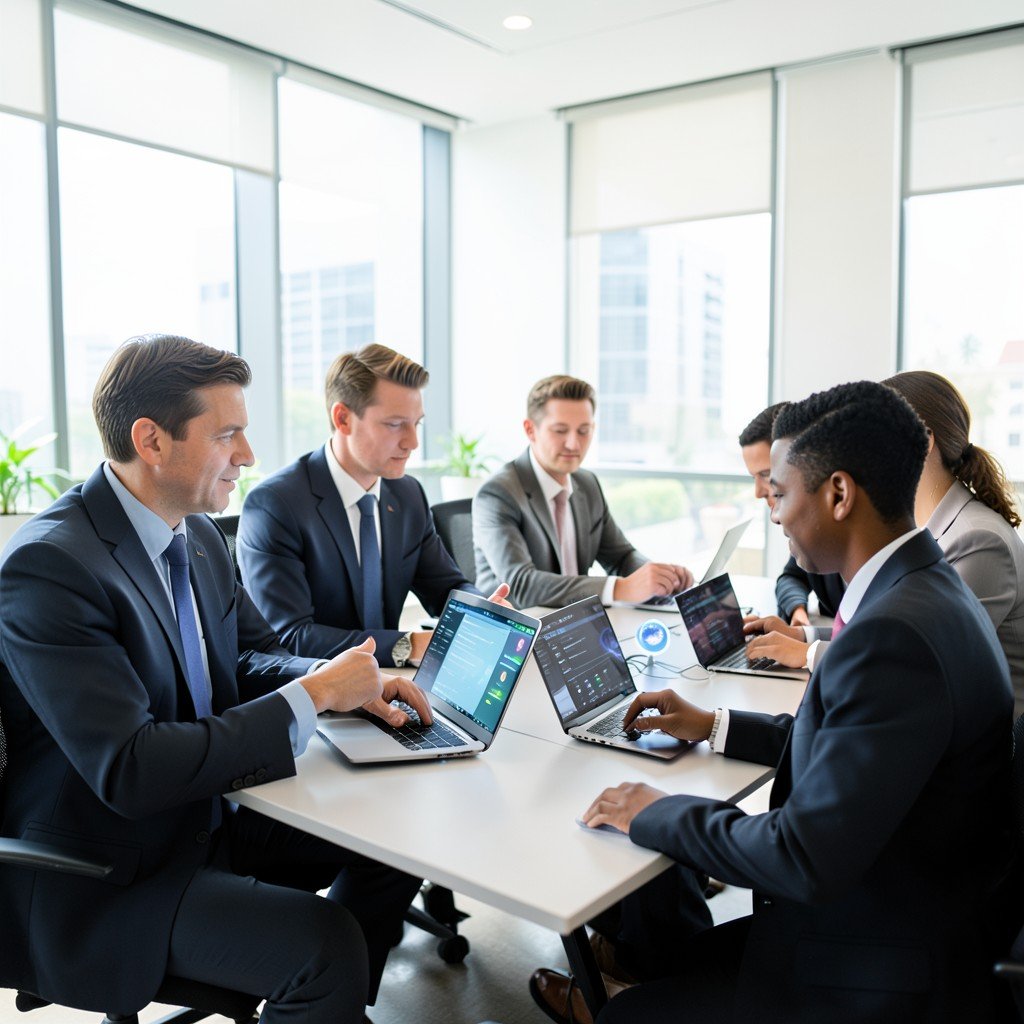 Business team reviewing AI tools on laptops in a bright modern conference room corporate setting 4:3