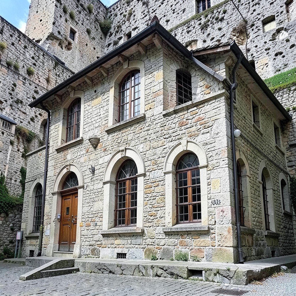 Historical Kammerhof building exterior in Banská Štiavnica made of stone with arched windows and textured background no text 4:3