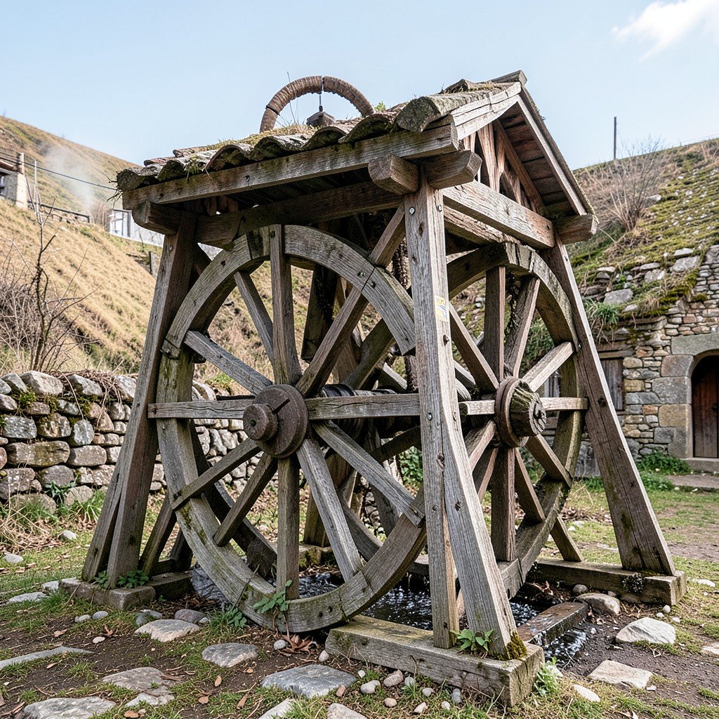 Historical wooden water pumping system structure in Slovakia with large wooden wheel no text 4:3