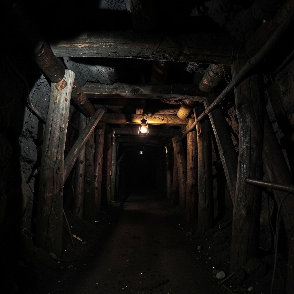 Dark underground mining tunnel with wooden support beams and dim lantern light no text 4:3