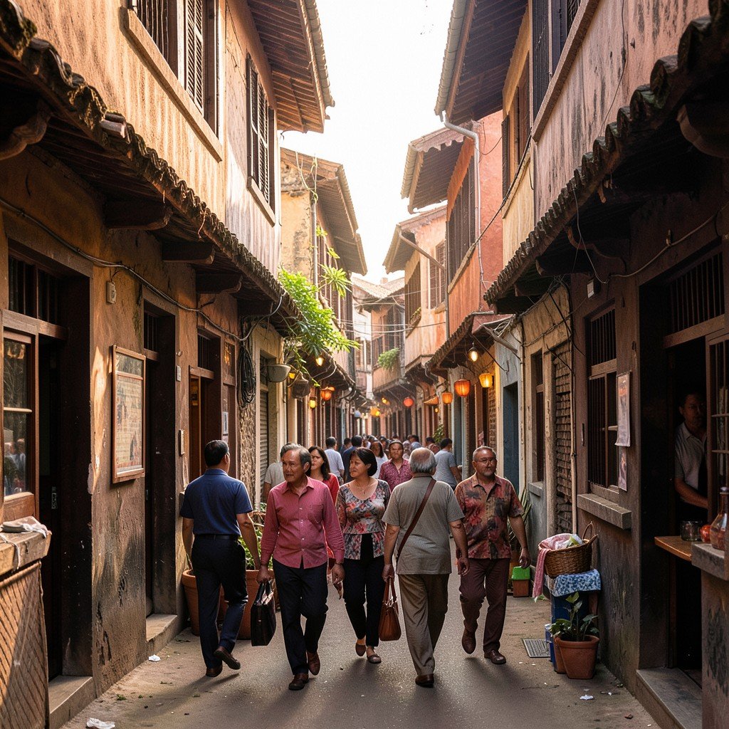 Local people walking through a narrow alley in a historic town with traditional buildings showing community life warm natural lighting no text aspect ratio 4:3